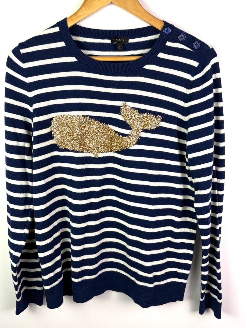 Talbots Navy & White Striped Sweater with Gold shimmery Whale size L